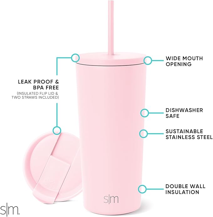 Simple Modern Insulated Tumbler with Lid and Straw | Iced Coffee Cup Reusable Stainless Steel Water Bottle Travel Mug | Gifts for Women Men Her Him | Classic Collection | 20oz | Blush