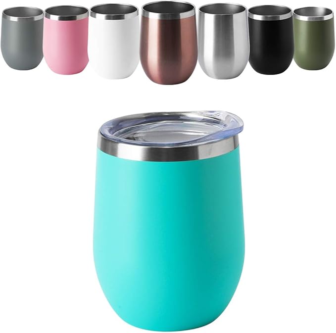 HASLE OUTFITTERS 12oz Wine Tumbler with Lid Stemless Wine Glasses Double Wall Vacuum Travel Mugs stainless steel Coffee Cup for Cold & Hot Drinks Wine Coffee Cocktails Beer 6 Pack Light Blue