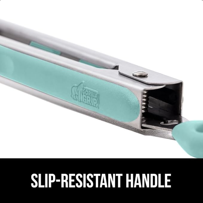 GORILLA GRIP Stainless Steel Heat Resistant Kitchen Tongs for Cooking, 9 + 12 Inch, Set of 2 BBQ Tong, Non Scratch Silicone Tip for Pan, Strong Grip, Grab Food, Toss Salad, Air Fryer, Pull Lock, Mint