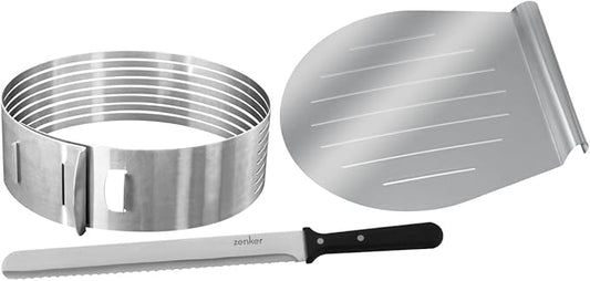 Zenker Stainless Steel Layer Cake Slicing Kit with 12" Serrated Knife, 3-Piece