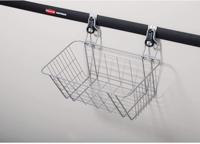 Rubbermaid Garage FastTrack Wire Mesh Basket Wall Mounted Storage System Holds up to 50 pounds Satin Nickel for Tool/Toy/Sports Equipment