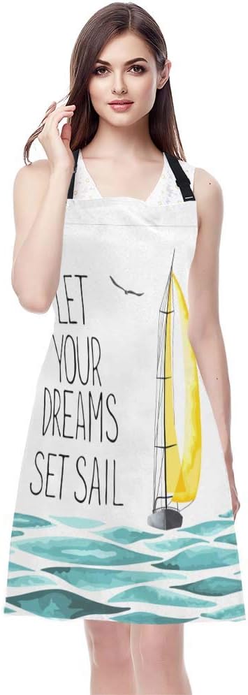 EKOBLA Let Your Dreams Set Sail Aprons Sailboat Seagull Sea Adventure Trip Wave Waterproof Resistant Chef Cooking Kitchen BBQ Adjustable Aprons for Women Men 27x31 Inch