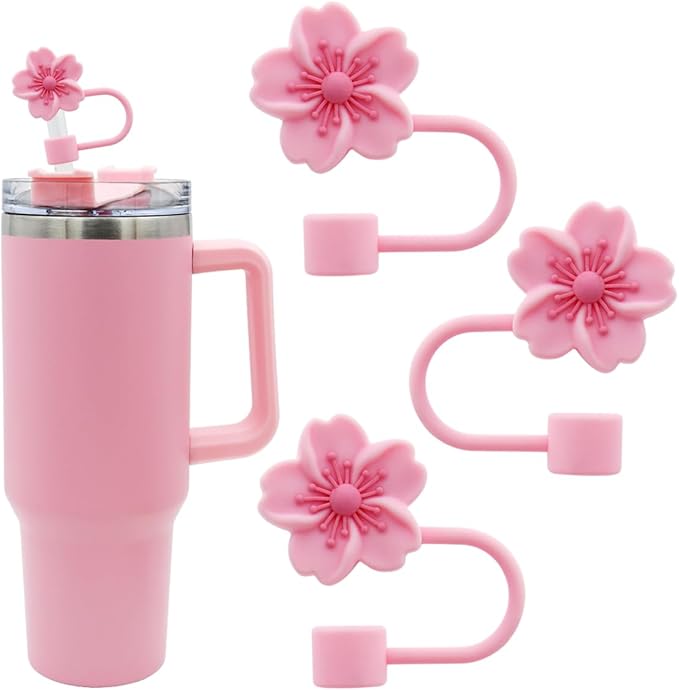 3pcs Cherry Blossom Silicone Straw Cover Cap for Stanley Cup,Straw Topper 10 mm 0.4 in Reusable Straw Tips Lids,Flower Straw Tip Covers Gift for Party Decor