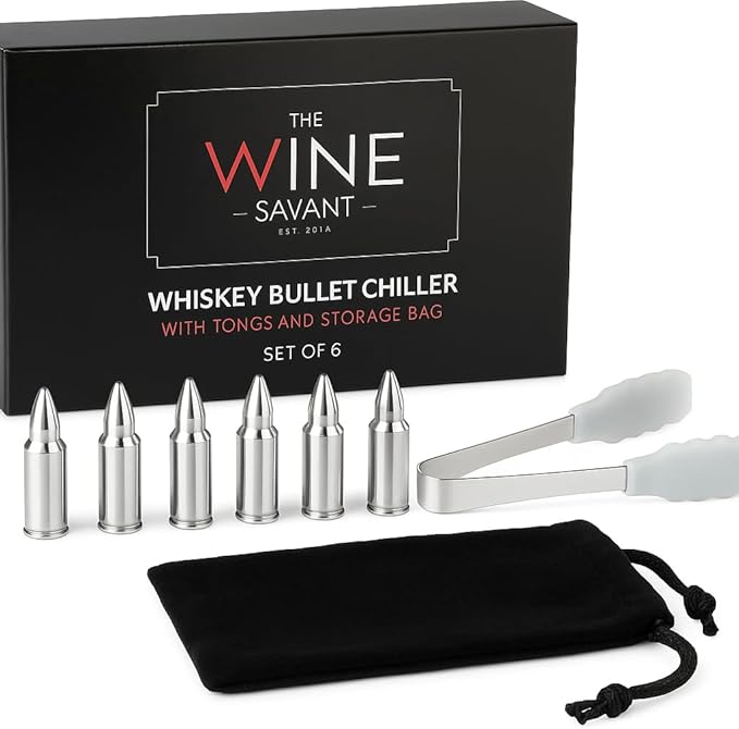 Bullet Whiskey Chillers Stones - Whiskey Rocks by The Wine Savant Set of 6 - Stainless Steel Bullet Shaped Ice Cubes, Gift Box Come, Tongs and Storage Bag, Whiskey or Scotch Rocks (Silver)