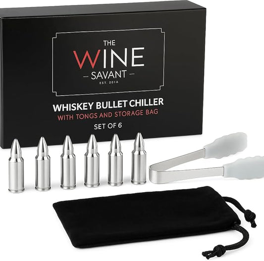 Bullet Whiskey Chillers Stones - Whiskey Rocks by The Wine Savant Set of 6 - Stainless Steel Bullet Shaped Ice Cubes, Gift Box Come, Tongs and Storage Bag, Whiskey or Scotch Rocks (Silver)
