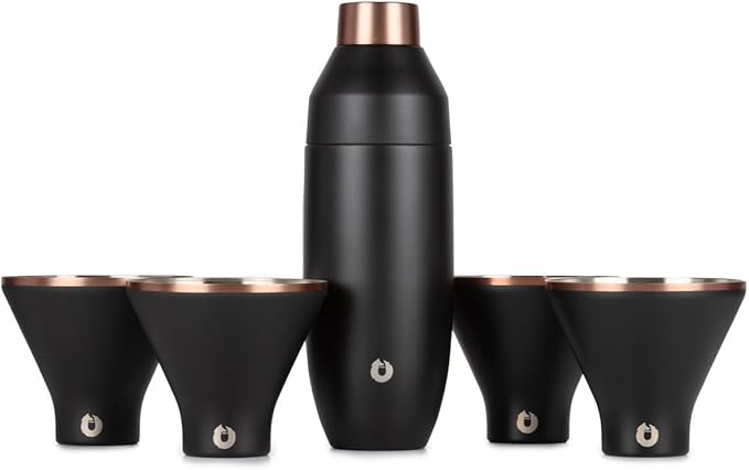 Snowfox Premium Vacuum Insulated Stainless Steel 22oz Cocktail Shaker and 4 Martini Glass Set, Home Bar Accessories, Elegant Drink Mixer, Leak Proof Lid & Built In Strainer, Gift Box, Black/Gold