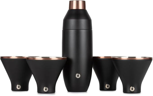 Snowfox Premium Vacuum Insulated Stainless Steel 22oz Cocktail Shaker and 4 Martini Glass Set, Home Bar Accessories, Elegant Drink Mixer, Leak Proof Lid & Built In Strainer, Gift Box, Black/Gold