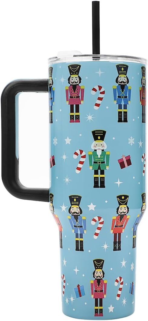 Bioworld Nutcrackers Vacuum Insulated 40 Oz. Stainless Steel Tumbler with Reusable Straw & Leak-Proof Lid, Easy Carry Handle for Travel or Home