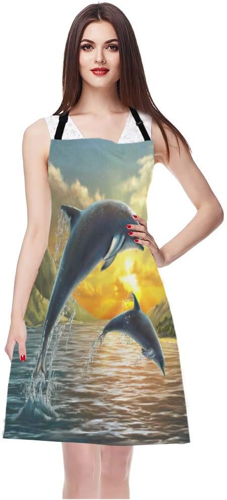 EKOBLA Dolphin Aprons Ocean Jumping Sea Beautiful Sunset Beautiful Landscape Clouds Wave Waterproof Resistant Chef Cooking Kitchen BBQ Adjustable Aprons for Women Men 27x31 Inch