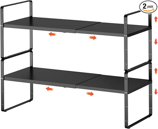 2Pack 16.5-27’’L Expandable Cabinet Shelf Organizers, Stackable Metal Shelves Extender for Kitchen Countertop Storage, Adjustable Spices Shelves Rack Stand for Cupboard Pantry, Black