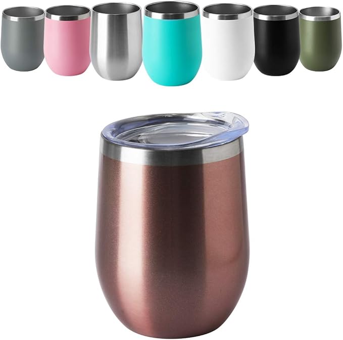 HASLE OUTFITTERS 12oz Wine Tumbler with Lid Stemless Wine Glasses Double Wall Vacuum Travel Mugs stainless steel Coffee Cup for Cold & Hot Drinks Wine Coffee Cocktails Beer 6 Pack Rose Gold