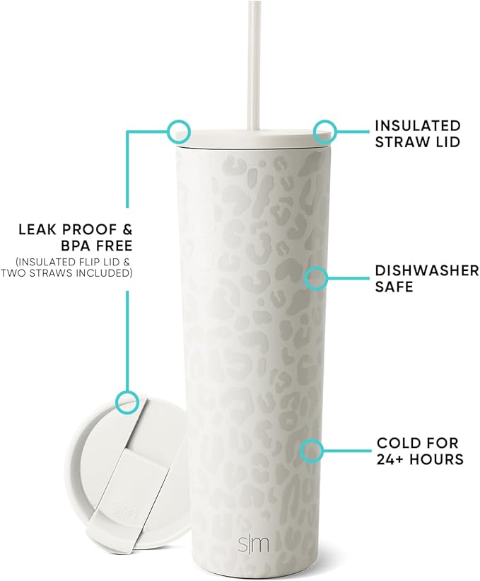 Simple Modern Insulated Tumbler with Lid and Straw | Iced Coffee Cup Reusable Stainless Steel Water Bottle Travel Mug | Gifts for Women Men Her Him | Classic Collection | 28oz | Cream Leopard