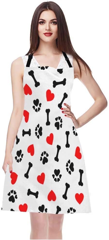 EKOBLA Dogs Paw Print Aprons Animal Bones Cute Lovely Cartoon Adorable Footprint Red Heart Waterproof Resistant Chef Cooking Kitchen BBQ Adjustable Aprons for Women Men 27x31 Inch