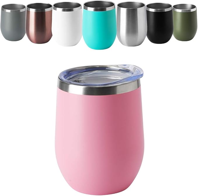 HASLE OUTFITTERS 12oz Wine Tumbler with Lid Stemless Wine Glasses Double Wall Vacuum Travel Mugs stainless steel Coffee Cup for Cold & Hot Drinks Wine Coffee Cocktails Beer 6 Pack Pink