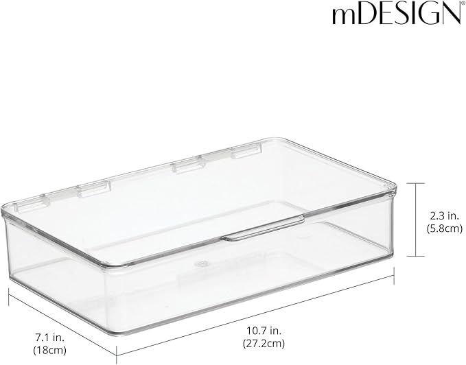 mDesign Plastic Stackable Storage Organizer Bin with Hinged Lid for Bathroom, Cabinet, Drawer, Under Sink, Shelf Organization Holds Medicine, Bath Essentials, Cleaning Supplies - 4 Pack - Clear