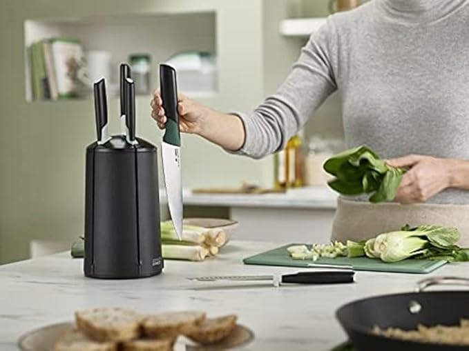 Joseph Joseph Elevate Knives 5-piece Carousel Set, Japanese Stainless Steel Knife Block - Editions - Sage Green and Black
