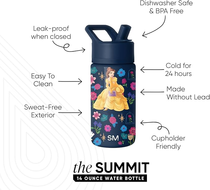 Simple Modern Kids Summit Water Bottle with Straw Lid | Disney Princess Belle 14oz Stainless Steel Cup Insulated Tumbler for Girls, School | Belle's Garden