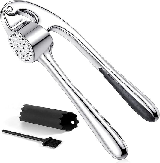 Premium Garlic Press Stainless Steel - Elevate Your Culinary Experience with Our Premium Garlic Mincer, Crusher & Peeler Set, Dishwasher Safe & Rust-proof (Silver)