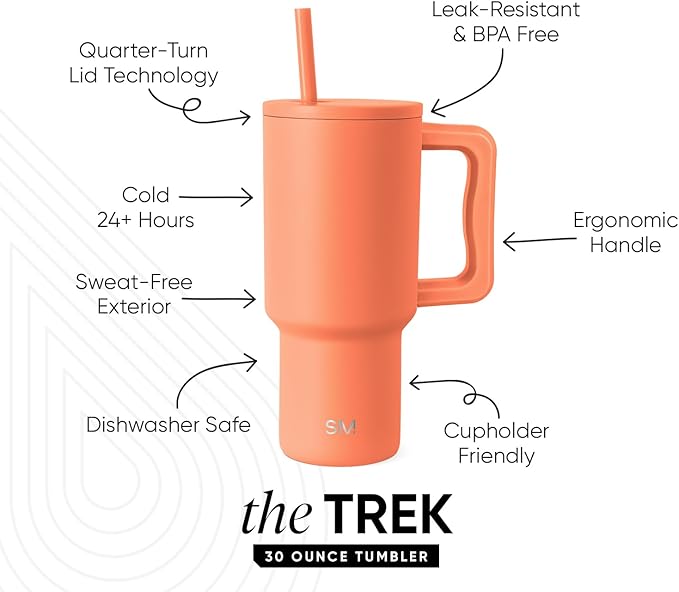 Simple Modern 30 oz Trek Tumbler with Handle and Straw Lid | Cup Holder Friendly Insulated Stainless Steel Travel Mug | Clementine