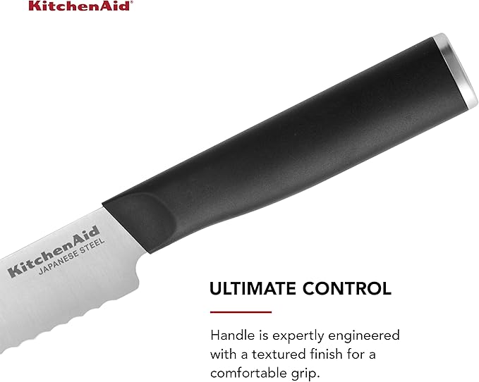 KitchenAid Classic Serrated Utility Knife with Custom Fit Blade Cover, 8 inch, Sharp Kitchen Knife, High Carbon Japanese Stainless Steel Blade, Black