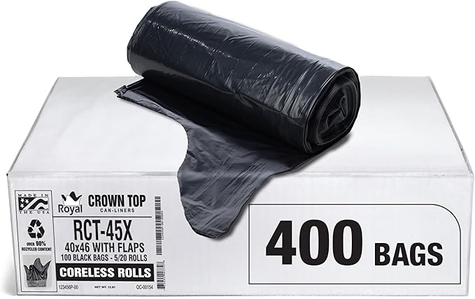 Aluf Plastics RCT-45X Star Sealed Coreless Rolls with E-Z Tie Flap Closure, 45 gal, Polyethylene, 40" x 46", Black (Pack of 400)