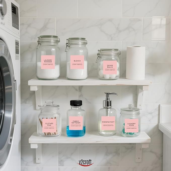 144 PCS Minimalist Laundry Room Labels Set, v2croft Water Resistant Stickers,Water/Oil Resistant Stickers for Laundry Room, Linen Closet Home Bathroom and The Beauty Organization（Light Pink