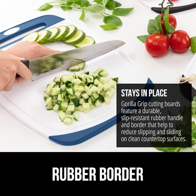 GORILLA GRIP BPA-Free Reversible Kitchen Cutting Board Set of 3, US Designed, Nonporous, Juice Grooves Catch Liquid, Slip Resistant Border, Dishwasher Safe Large Food Chopping Boards, Red Blue Green