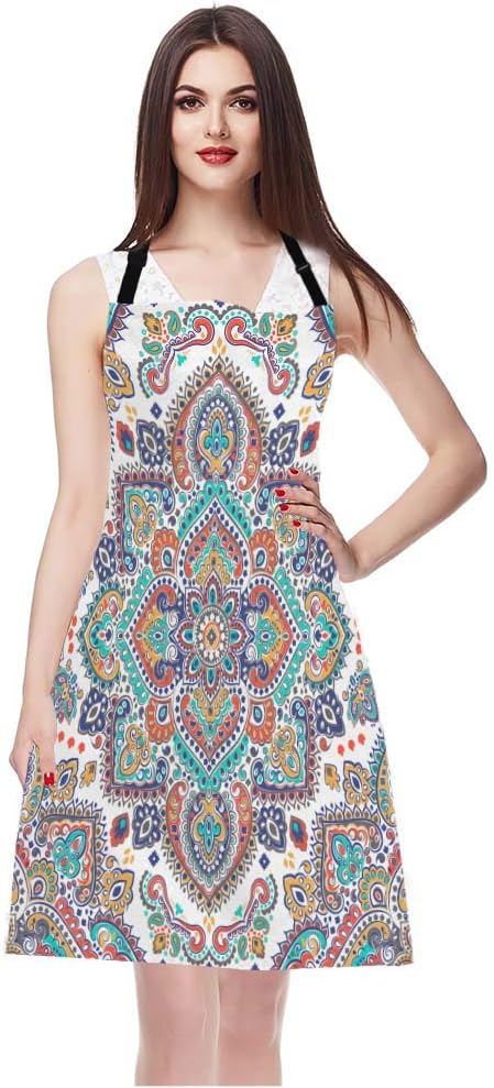 EKOBLA Bohemian Aprons Floral Paisley Medallion Pattern Retro Ethnic Mandala Ornament Waterproof Resistant Chef Cooking Kitchen BBQ Adjustable Aprons for Women Men 27x31 Inch