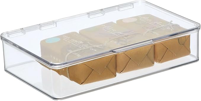 mDesign Plastic Stackable Storage Organizer Bin with Hinged Lid for Bathroom, Cabinet, Drawer, Under Sink, Shelf Organization Holds Medicine, Bath Essentials, Cleaning Supplies - 4 Pack - Clear