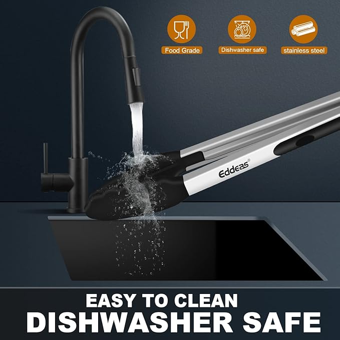 Kitchen Tongs with Silicone Tips, Tongs for Cooking Heat Resistant 600 Degrees Stainless Steel Locking Tong - 7" 9" & 12 inch Silicone Tong Non-Stick, Black Set of 3