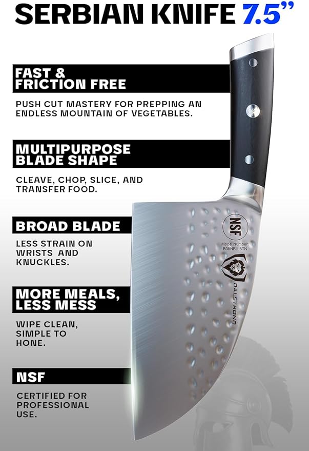 Dalstrong Serbian Chef Knife - 7.5 inch - Gladiator Series Elite - German HC Steel - Meat Cleaver Knife - Hammered Blade Finish - Razor Sharp Kitchen Knife - G10 Handle - w/Sheath - NSF Certified