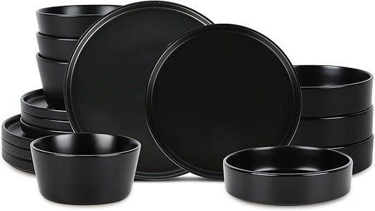 Stone Lain Celina Modern Stoneware 16-Piece Dinnerware Set, Cereal and Dinner Bowls, Dinner Plates, Plates and Bowl Set, Dishes for 4, Black