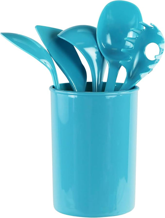 Reston Lloyd 6 Piece Kitchen Utensil Holder for kitchen counter, Utensils crock with Heat Resistant Spoon, Slotted Spoon, Ladle, Spatula BPA Free, Aqua-Blue