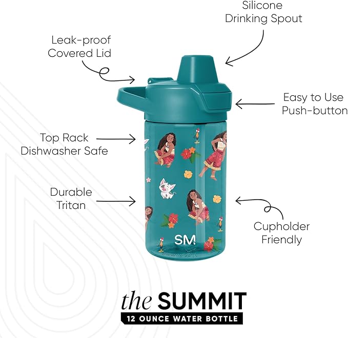 Simple Modern Disney Kids Tritan Plastic Summit Water Bottle | 12 oz BPA-Free Cup with Covered Leak Proof Straw Lid for Girls, Toddlers | Moana Oceana