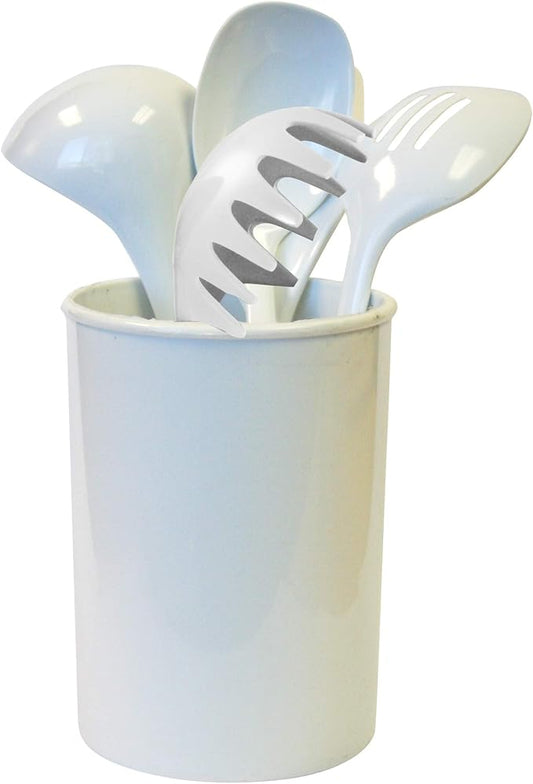 Reston Lloyd 6 Piece Kitchen Utensil Holder for Kitchen Counter, Utensils Crock with Heat Resistant Spoon, Slotted Spoon, Ladle, Spatula BPA Free, White