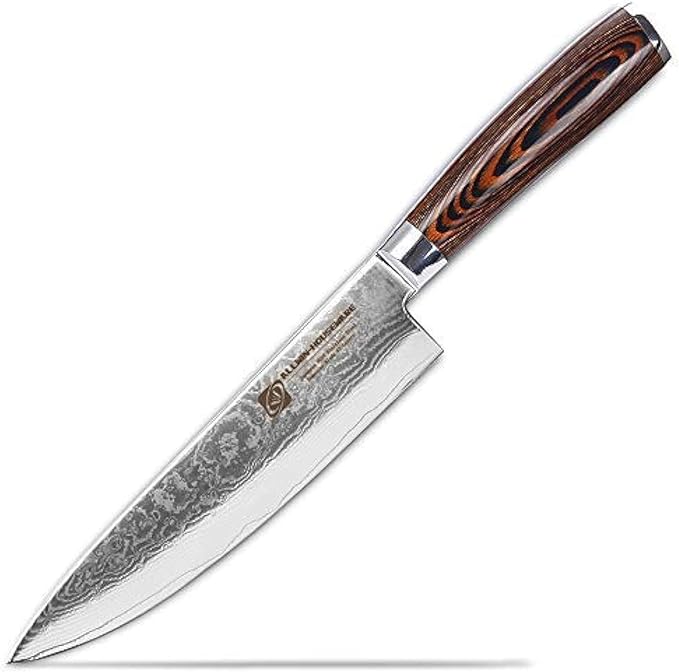 Damascus Chef Knife 8'' Professional 67-Layer VG10 Steel Core with Pakka Wood Handle, Ultra Sharp HRC 62 Kitchen Knife for Chopping Cutting Carving Gift Box for Kitchen Restaurant