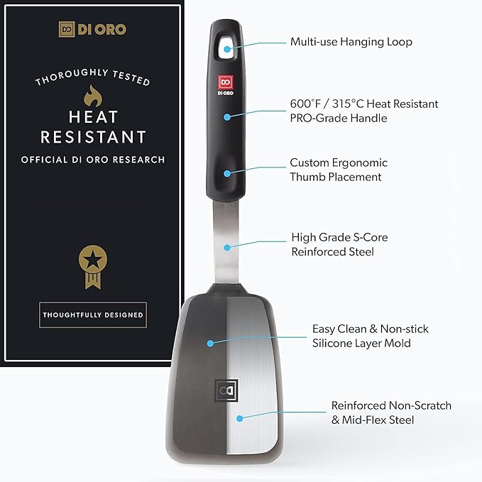 DI ORO Silicone Turner Spatula - Kitchen Spatulas for Nonstick Cookware - Flexible & Thin Cooking Turner for Flipping Pancakes & Eggs - 600°F High Heat-Resistant & BPA Free - Dishwasher Safe (Black)