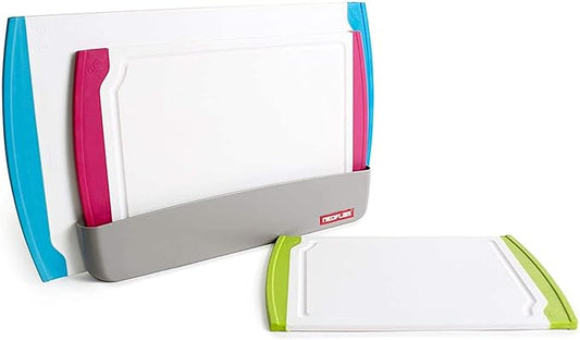 Neoflam 4 Piece Plastic Coded Cutting Board Set plus Organizer with Food Icon, Microban Protection, Extra Large, BPA Free, Juice Groove, Non Slip, Dishwasher Safe, Multicolor