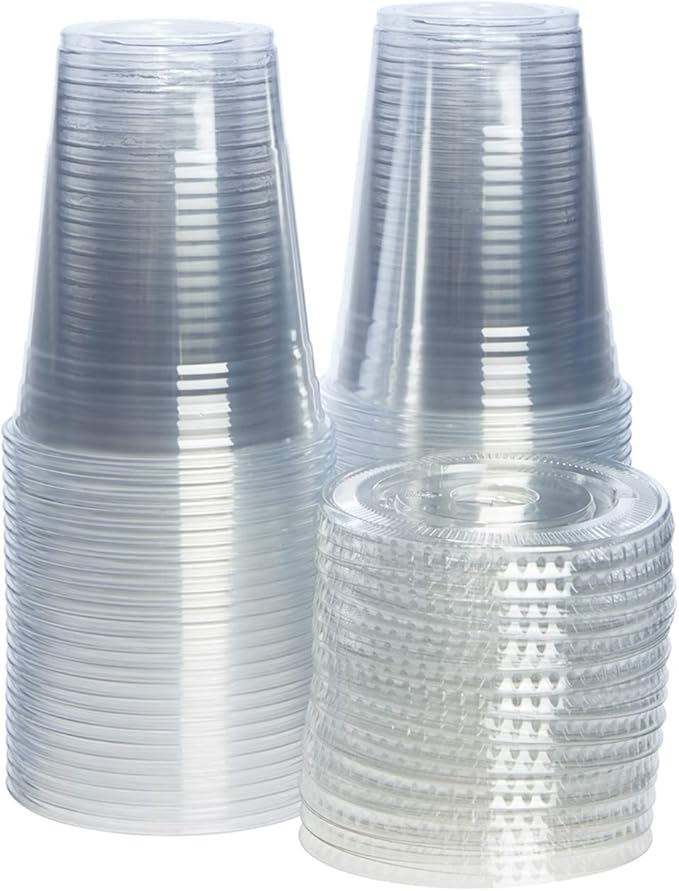 GUSTO Clear Plastic Cups with Flat Lids [16 oz - 100 Count] - Disposable Iced Coffee Cups with Lids - PET Plastic Cold Cups for Smoothies, Juices & To-Go Drinks - Formerly Comfy Package