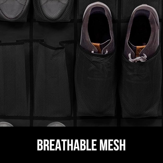 GORILLA GRIP Over the Door Shoe Organizer, 24 Extra Large Breathable Mesh Pockets, Space Saving Hanging Storage Holder, 4 Hook Closet Rack Hanger, Hangs on Closets for Shoes and Accessories, Black