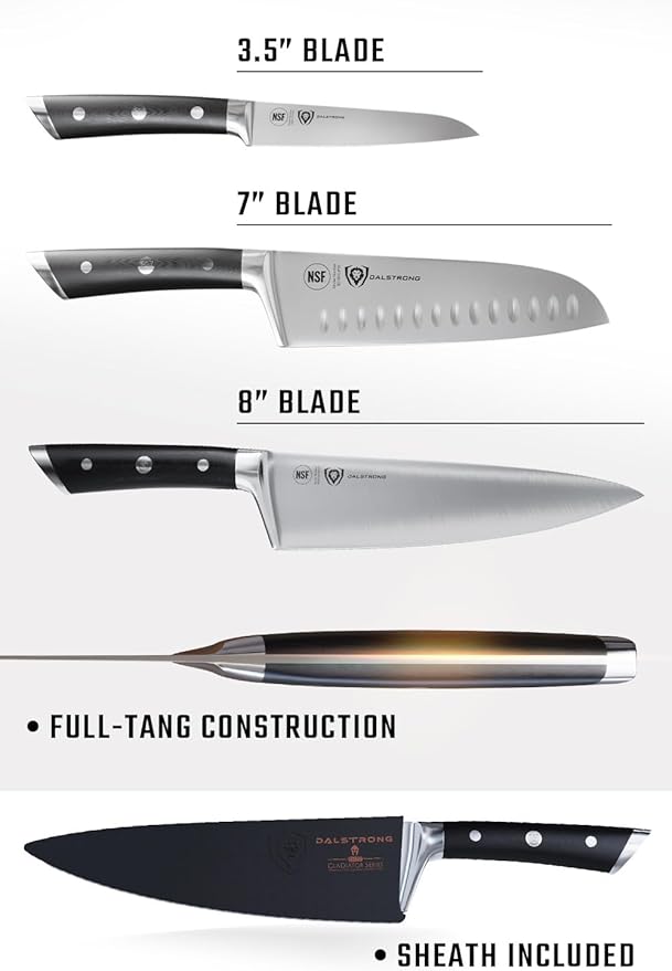 Dalstrong 3pc Knife Set - Gladiator Series Elite - Chef Essentials - Chef Knife, Santoku Knife, Paring Knife - G10 Handle - High Carbon German Steel - w/Sheaths - NSF Certified