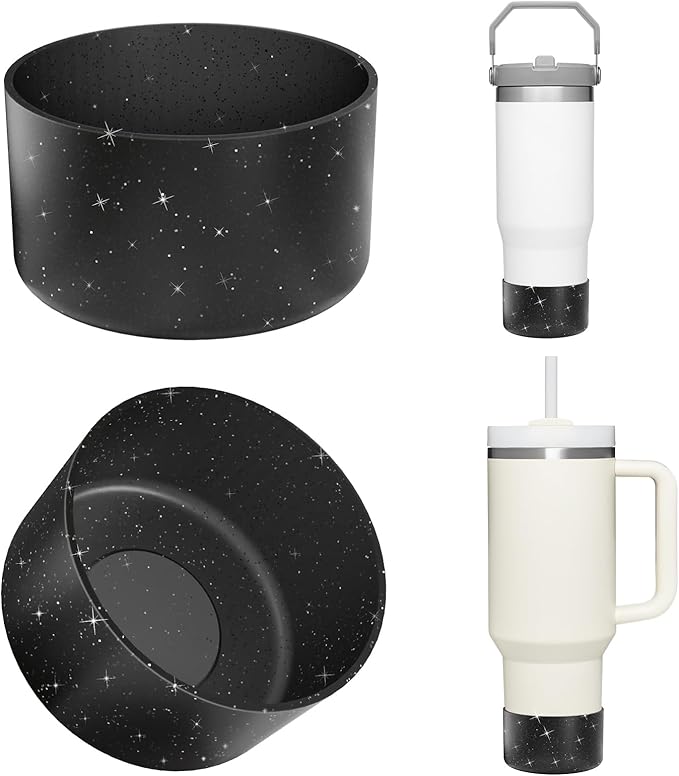 Upgrade 2PCS Protective Silicone Boot Bumper for Stanley Quencher Adventure 40oz 30oz IceFlow 20oz 30oz Tumbler, Water Bottle Bottom Sleeve Cover Accessories for Stanley Mug Cup(Glitter Black)