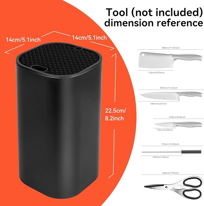Fohil Knife Block without Knives, Universal Knife Block, Detachable Knife Holder, Space Saver Knife Storage Holder with Scissors Slot, Sharpening Bar Slot, Kitchen Knife Holder Black