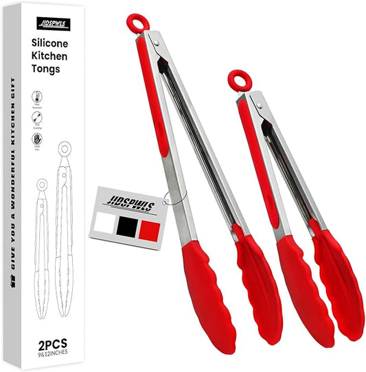 Premium Stainless Steel Heat Resistant Kitchen Tongs for cooking,set of 9" and 12" (Red),Non Scratch Silicone cooking Tong Tip for Cooking Pans,Strong Grip BBQ tongs for Grabbing Hot Food