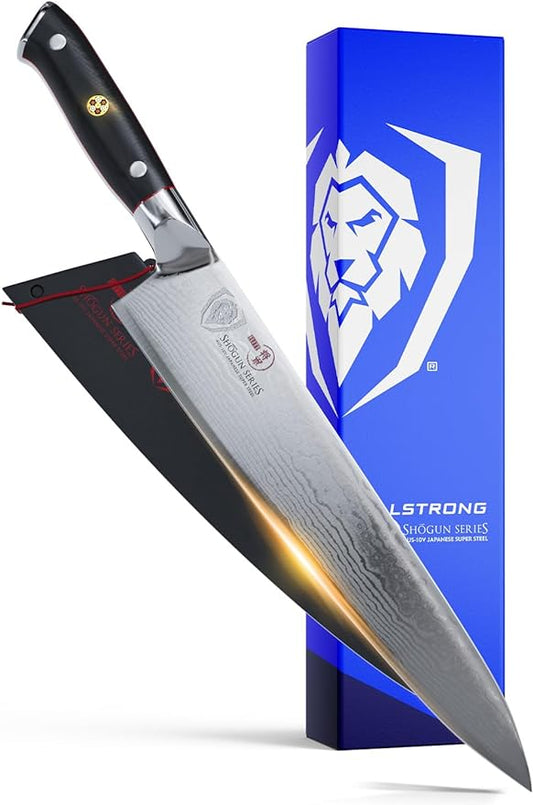Dalstrong Chef Knife - 9.5 inch Blade - Shogun Series ELITE - Damascus - Japanese AUS-10V Super Steel - Black G10 Handle - Razor Sharp Kitchen Knife - Professional Full Tang Chef's Knife - Sheath