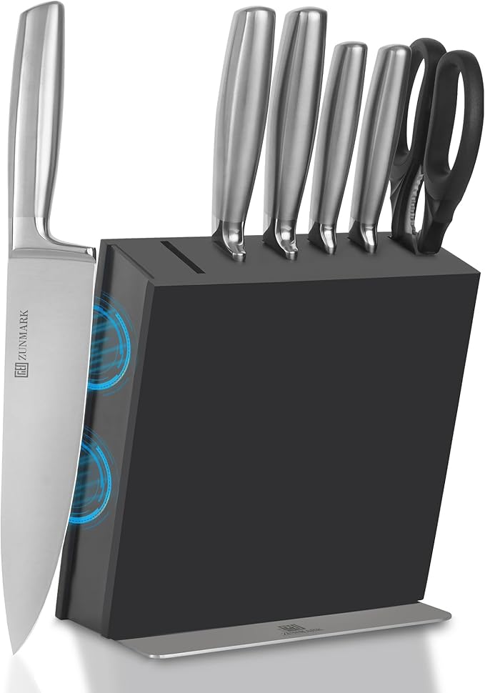 Magnetic Knife Block Set, 7pcs Ultra Sharp Knife Set with Shears, Space-Saving Design for Home and Professional Kitchens, Silver