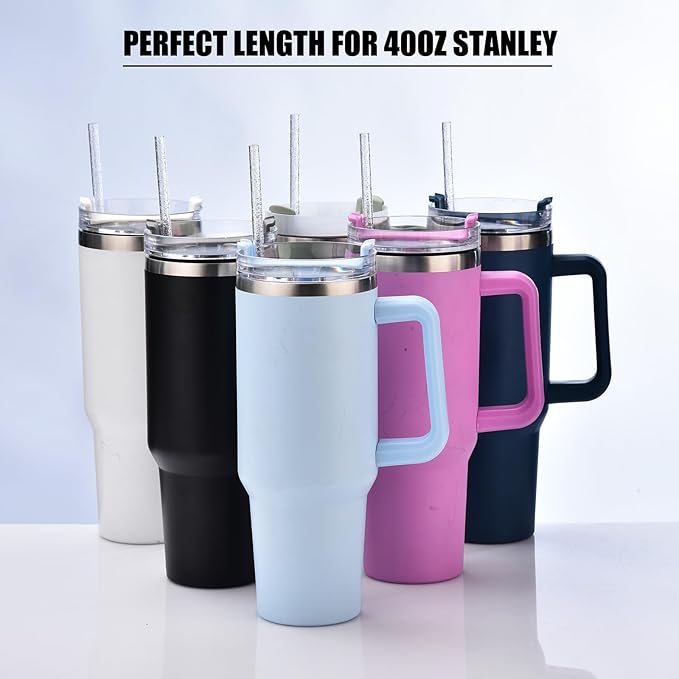 ALINK 12-Pack Reusable Plastic Clear Glitter Straws, 13 in Extra Long Straws for Stanley 40 oz Tumbler, 1 Gallon, 64/32 oz Water Bottles, Plus Brush