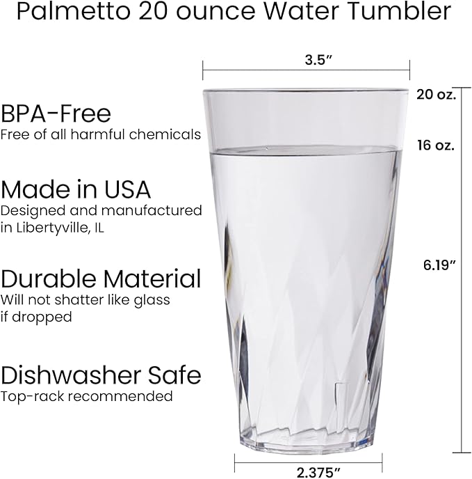 US Acrylic Palmetto [Set of 16] 20 ounce Plastic Stackable Water Tumblers in Clear, Lightweight Value Set of Drinking Cups, Reusable, BPA-free, Made in the USA, Top-rack Dishwasher Safe