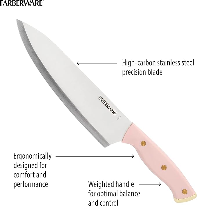 Farberware 15-Piece Triple Riveted Acacia Knife Block Set, High Carbon-Stainless Steel Kitchen Knives with Ergonomic Handles, Razor-Sharp Knife Set, Pink and Gold