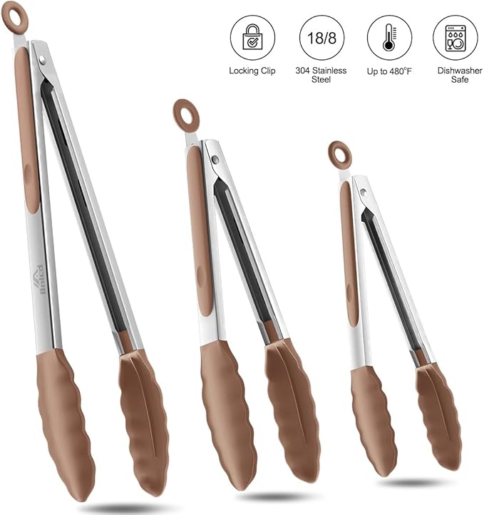 600ºF Heat Resistant Kitchen Tongs, Premium Locking Cooking Tongs with Silicone Tips, Non-Slip Food Tongs for Cooking, Non-Stick, Heavy Duty Stainless Steel Handle, Set of 3-7" 9" and 12" Mud color